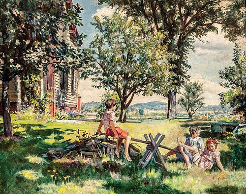 Walter Sherwood (American, 1874-1950), Summer Landscape with Girls on a Seesaw.