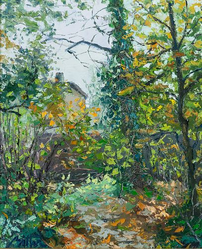 Pierre Bittar (French, b. 1934), Early Autumn Woods with Cottage Beyond.