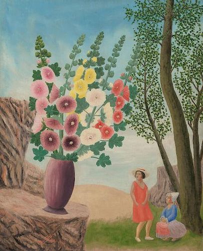 André Bauchant (French, 1873-1958) A Vase of Flowers in a Landscape with Two