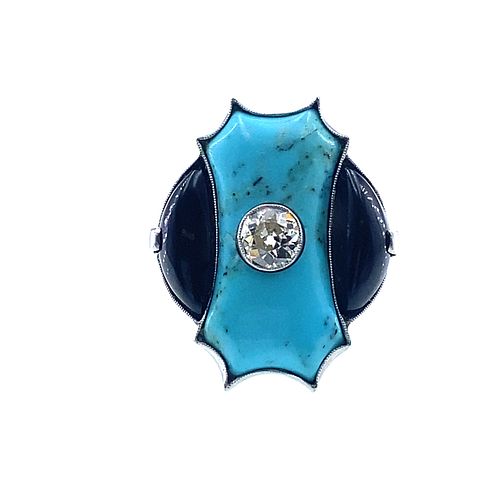 Art Deco Inspired Turoquise, Onyx & Diamonds Platinum Ring 