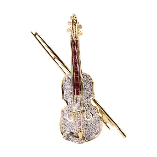 Diamonds, Rubies & 14k Gold Violin brooch
