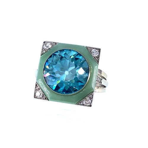 French Art Deco Zircon, Jade, Diamonds & Platinum Ring. GIA CERTIF.