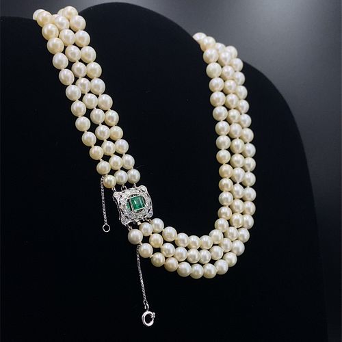 Fresh water Pearls Necklace Diamonds & Emerald