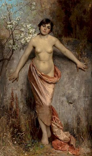 Theodor Matthei (German, 1857-1921) Nude Draped in Pink, 1887 Oil on canva