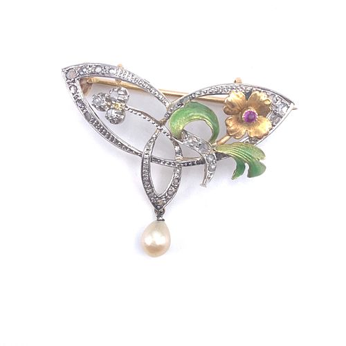 Art Nouveau Enamel, Diamonds, Pearl 18k Gold Brooch