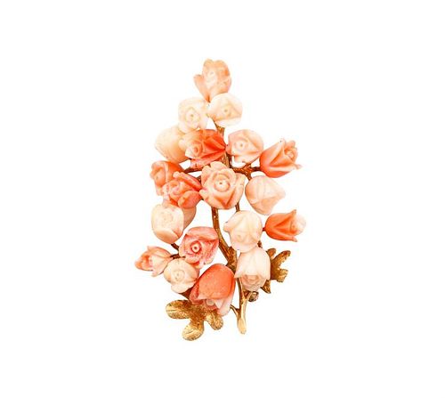 Italian 14 k gold with carved coral Bouquet Brooch