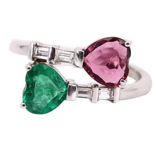 Diamonds, Emerald & Ruby 18k Gold Crossover Ring