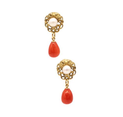 Drop earrings in 18 kt gold with  red coral and pearls