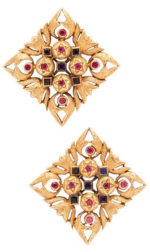 Clips earrings in 18k gold with Rubies & Sapphires