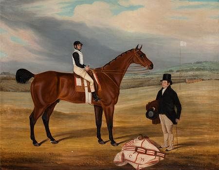 William Nedham (British, 1793-1879) Foreigner with jockey up and his owner st