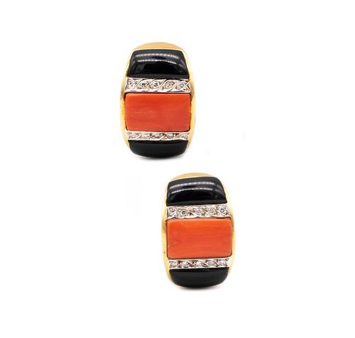 Italian clips-earrings in 18 kt gold with diamonds, coral & onyx