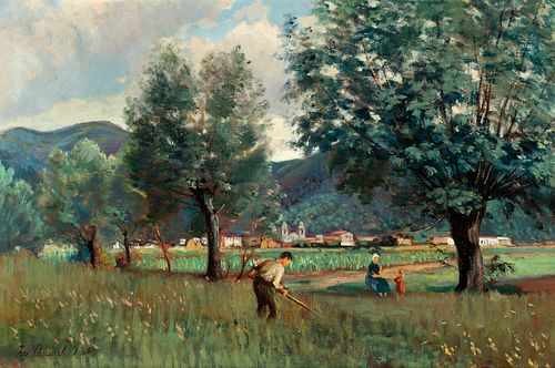 IVO PASCUAL RODÉS (Vilanova i la Geltrú, Barcelona, 1883 - Riudarenes, Girona, 1949). 
"Landscape with village and peasants", 1930. 
Oil on canvas.