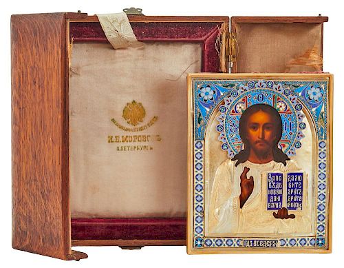 A RUSSIAN ICON OF CHRIST PANTOCRATOR IN A GILT SILVER AND ENAMEL OKLAD, IVAN MOROZOV, ST PETERSBURG, 1899-1904