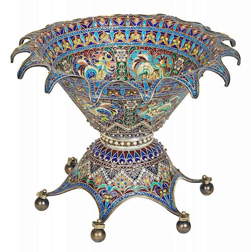 A RUSSIAN SILVER AND PLIQUE-A-JOUR ENAMEL TAZZA, MARKED KHLEBNIKOV WITH IMPERIAL WARRANT, MOSCOW, CIRCA 1890