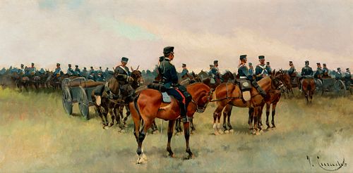 JOSEP CUSACHS (Montpellier, France, 1851 - Barcelona, 1908). 
"Military parade". 
Oil on canvas.