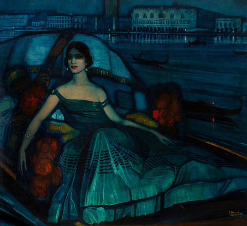FEDERICO BELTRÁN MASSES (Güira de Melena, Cuba, 1885 - Barcelona, 1949). 
"Lady in Venice", Paris, 7-4-1924. 
Oil on canvas. Relined.