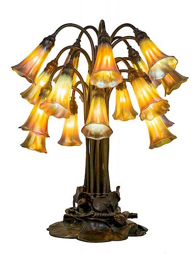 TIFFANY STUDIOS FAVRILE GLASS AND BRONZE EIGHTEEN LIGHT LILY TABLE LAMP, NEW YORK, CIRCA 1906
