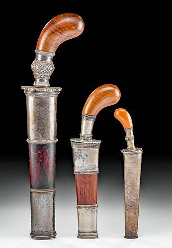 Three 20th C. Indonesian Silver, Iron, & Wood Daggers