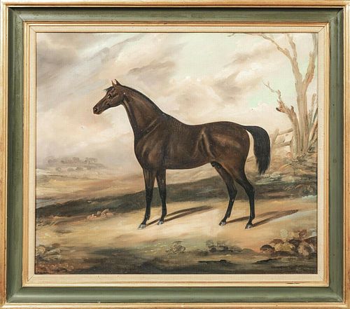 LARGE 19TH CENTURY ENGLISH DARK BAY HUNTER HORSE IN A WINTER LANDSCAPE PAINTING