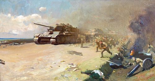 RUSSIAN T-34 TANKS & INFANTRY BATTLE SCENE OIL PAINTING
