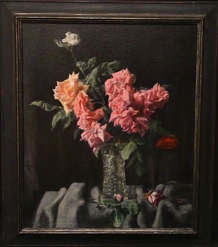 STILL LIFE PINK & RED ROSES OIL PAINTING