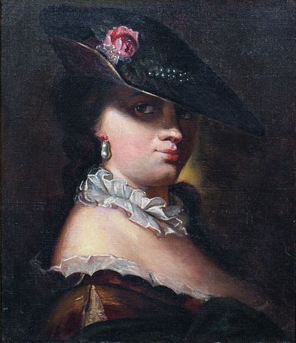 PORTRAIT OF A LADY WEARING A HAT & PEARLS OIL PAINTING
