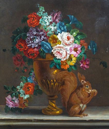 STILL LIFE FLOWERS & SQUIRREL OIL PAINTING