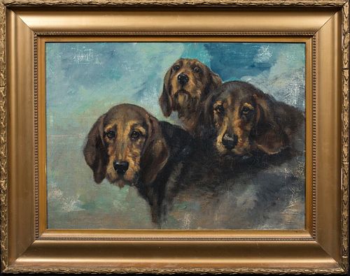 PORTRAIT OF THREE HOUND DOGS OIL PAINTING