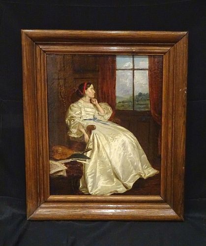 PORTRAIT OF A LADY IN A WHITE SILK DRESS OIL PAINTING