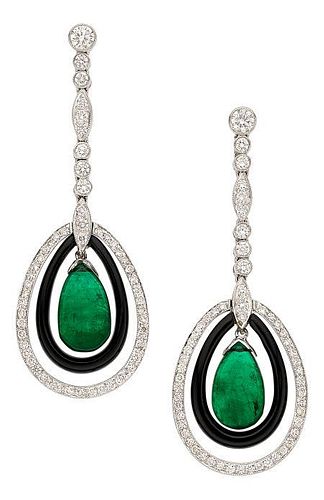 Emerald, Diamond, Black Onyx, White Gold Earrings
