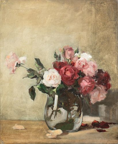 ROSES IN A GLASS VASE OIL PAINTING