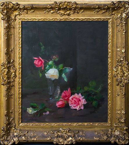 STILL LIFE PINK & WHITE ROSES OIL PAINTING