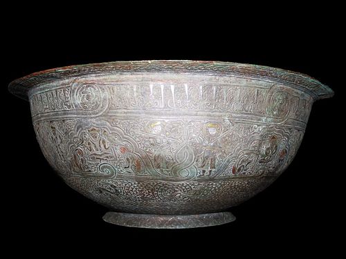LARGE IMPRESSIVE ISLAMIC SILVER INLAY BOWL WITH IMPORTANT RELIGIOUS SCENES