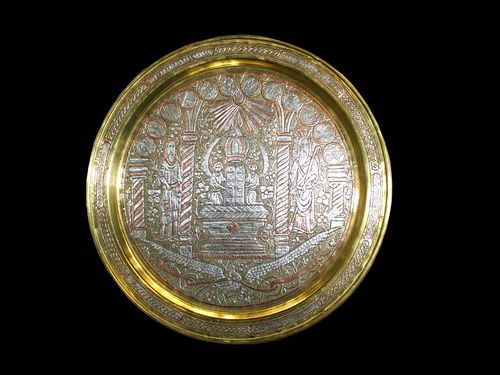 19TH CENTURY DAMASCENE SILVER INLAY TRAY WITH BIBLICAL SCENES