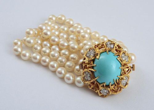 18K GOLD, TURQUOISE, DIAMOND AND CULTURED PEARL BRACELET, TIFFANY & CO.