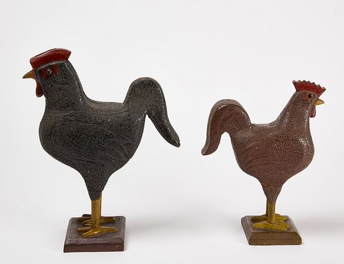 Pair of Frank Texten Carved Rooster Banks