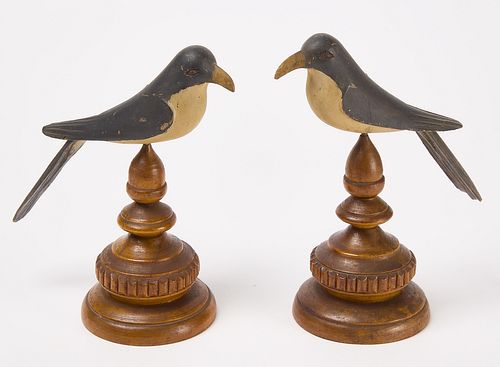 Pair of Carved Birds on Wood Turned Pedestals