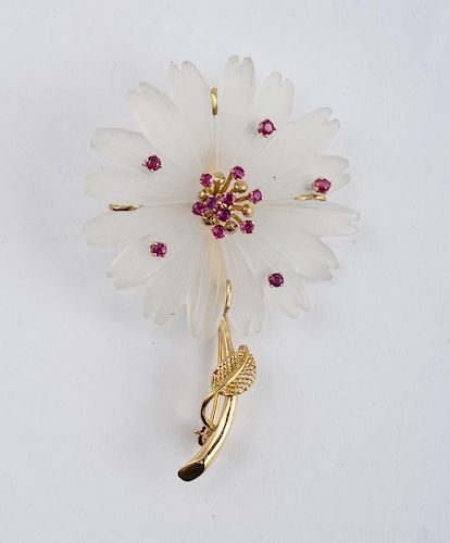 FROSTED CRYSTAL AND RUBY FLOWER PIN