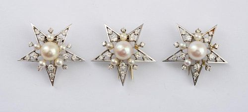 THREE PLATINUM, DIAMOND AND CULTURED PEARL STAR PINS