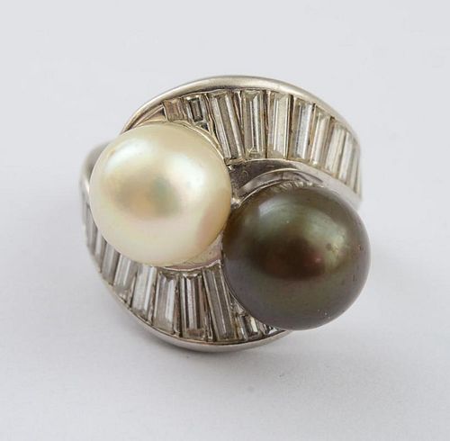PLATINUM, CULTURED PEARL AND DIAMOND CROSSOVER RING