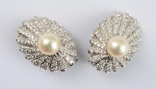 14K WHITE GOLD, CULTURED PEARL AND DIAMOND EARRINGS