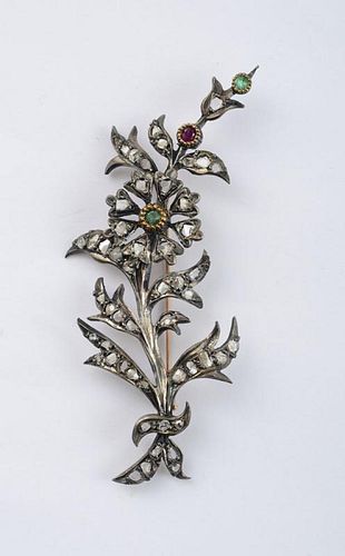 SILVER, GOLD AND ROSE DIAMOND FLOWER PIN