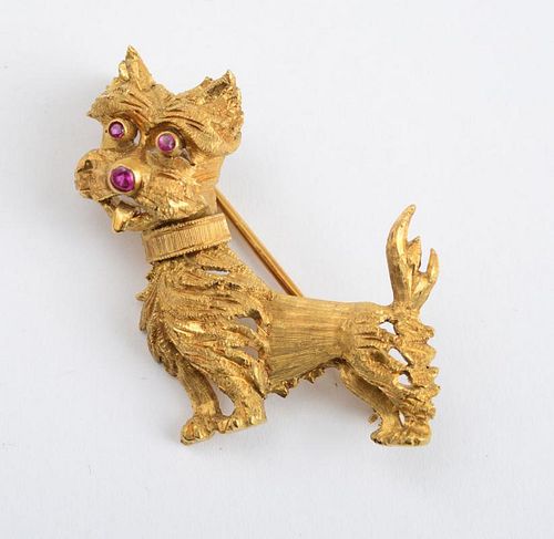 18K GOLD AND RUBY TERRIER PIN