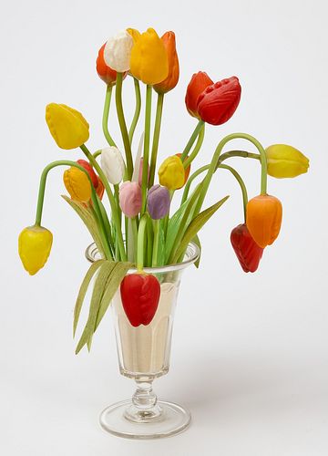 Clear Pittsburgh Vase with 20 German Glass  Tulips