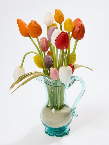 Aqua Glass Pitcher with 21 German Glass Tulips