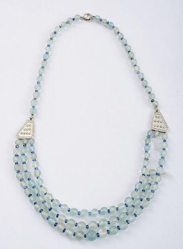 14K WHITE GOLD, CARVED AQUAMARINE AND SAPPHIRE BEAD NECKLACE