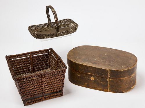 Two Baskets and Wood Oval Container