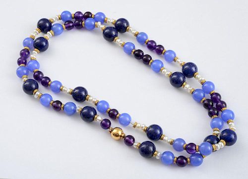18K GOLD, LAPIS, AMETHYST AND BLUE CHALCEDONY BEAD NECKLACE