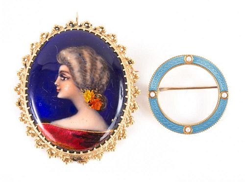 Two Gold Enamel Brooches