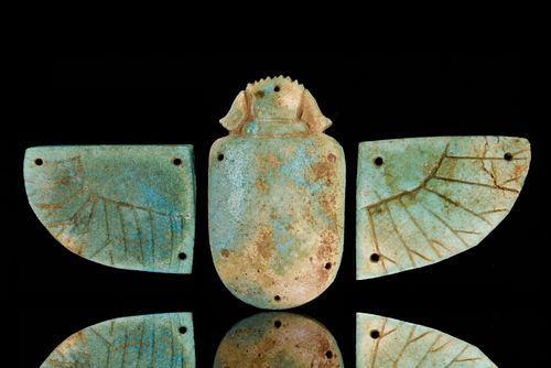 ANCIENT EGYPTIAN FAIENCE WINGED PECTORAL SCARAB